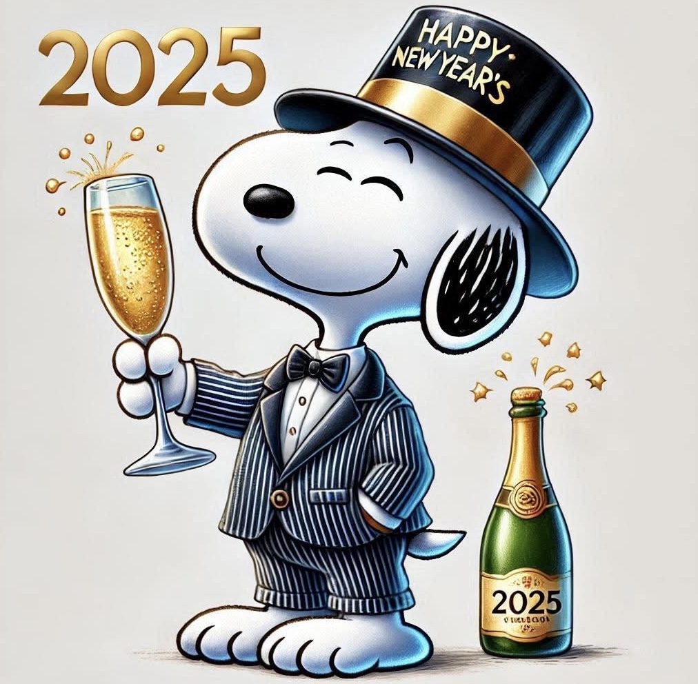 Snoopy in New Year's hat and suit holding champagne glass, celebrating 2025 with bottle and confetti
