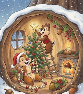 Two cartoon chipmunks decorating Christmas tree in cozy winter home interior with fireplace and snow outside