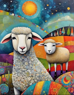 Whimsical painting of two sheep in a colorful patchwork landscape under a glowing sun
