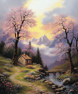 Painting of cabin by stream with pink blossoming trees and sunset