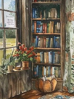 Wooden bookshelf by window with books, pumpkins and flowers in rustic cottage interior
