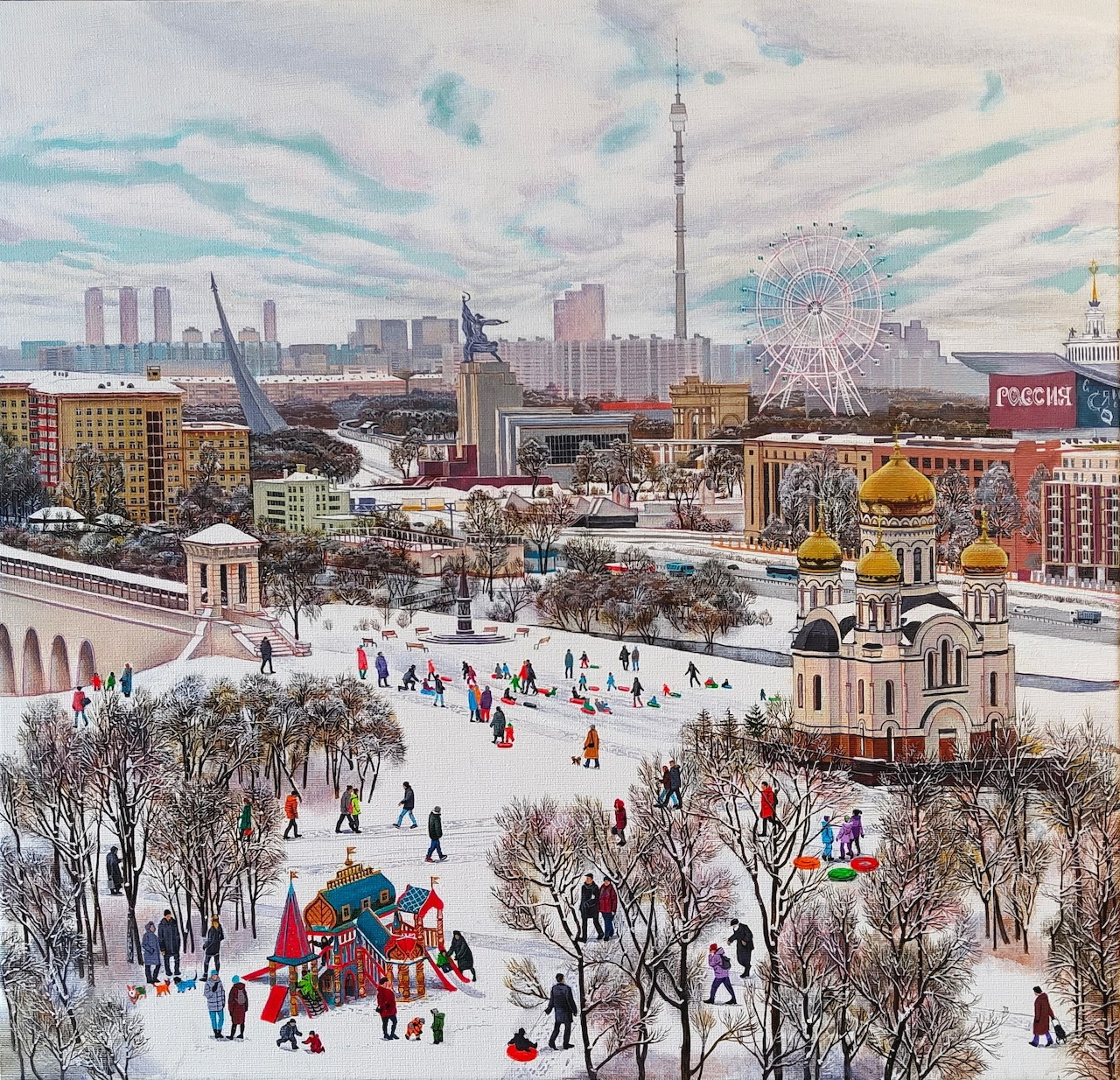 Snowy VDNKh cityscape with park, church, ferris wheel, and tall tower under a cloudy sky