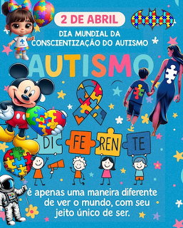 Colorful autism awareness poster with puzzle ribbons, cartoon figures, children, and Portuguese text