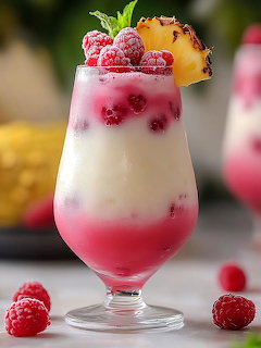 Layered pink and white smoothie glass topped with raspberries, pineapple slice, and mint