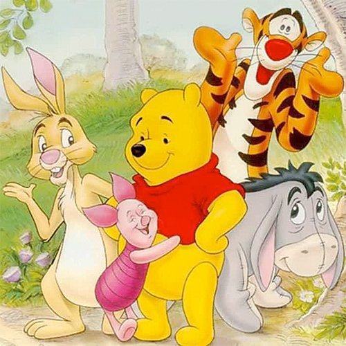 Winnie the Pooh with Piglet, Tigger, Rabbit, and Eeyore in a colorful outdoor cartoon scene