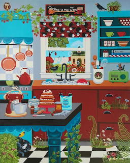 Colorful folk art painting of a vibrant kitchen with cake, plants, copper pots, and a garden view window