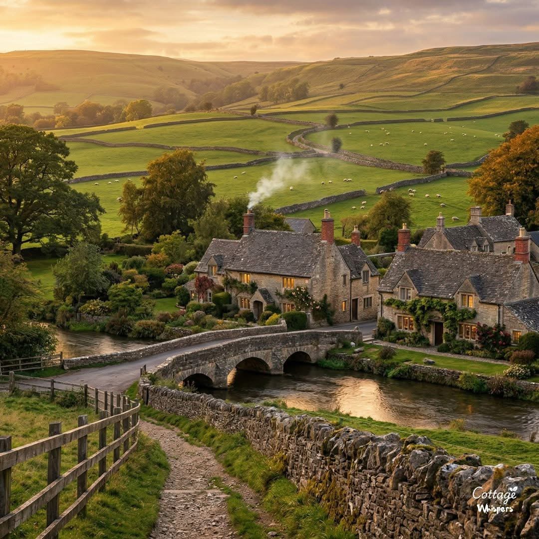 Stone cottages and an arched bridge beside a river in green rolling countryside