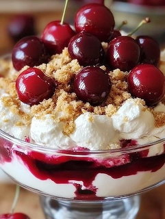 Layered cherry cheesecake dessert in glass bowl with whipped cream, crumbs, and fresh cherries