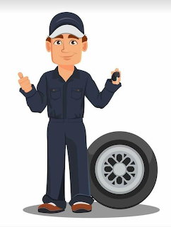 Cartoon mechanic in blue uniform holding a car key standing next to a tire