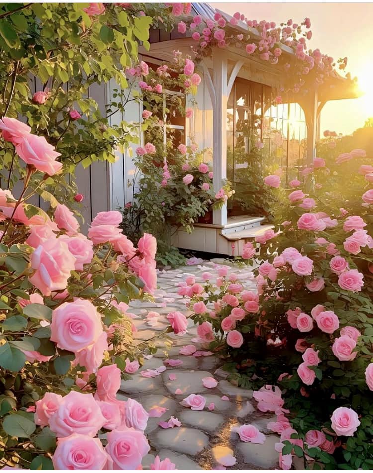 Stone path through blooming pink rose garden leading to cottage door with warm sunlight