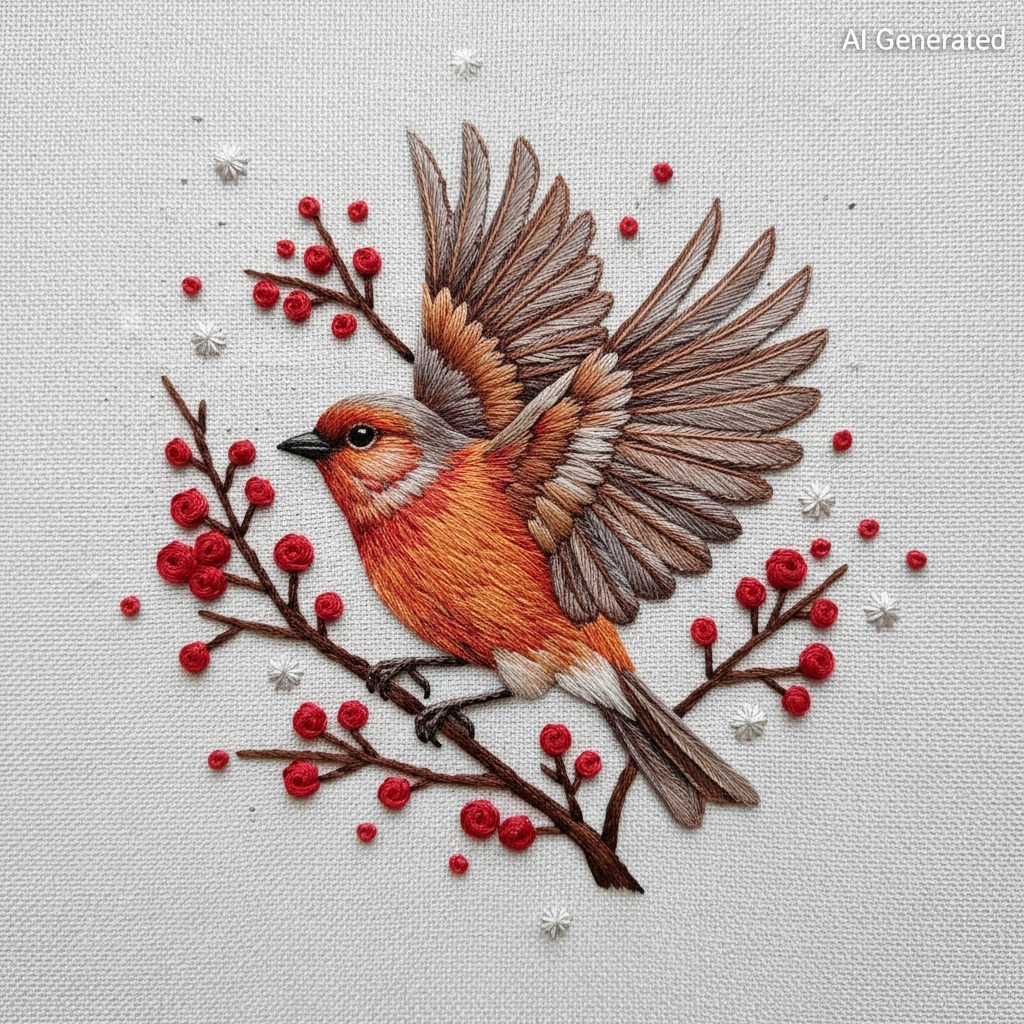Needlepoint robin perched on a berry branch with wings spread on a light fabric background