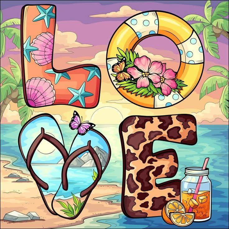 LOVE spelled with beach items: drink, life ring, flip-flops, and leopard print letter on sandy beach at sunset