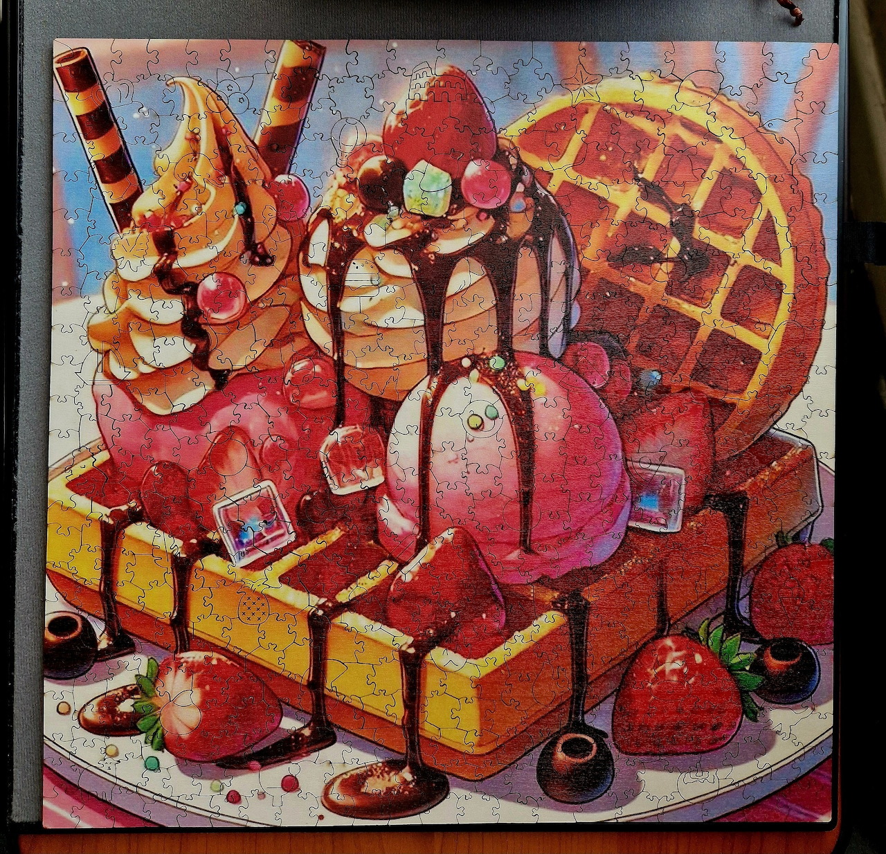 Colorful illustration of assorted cakes, macarons, waffles, and strawberries on a dessert platter