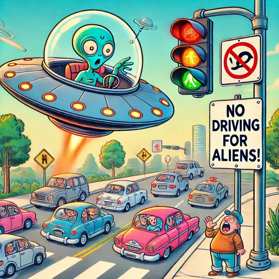 Cartoon alien in a UFO above city traffic next to a No Driving for Aliens sign