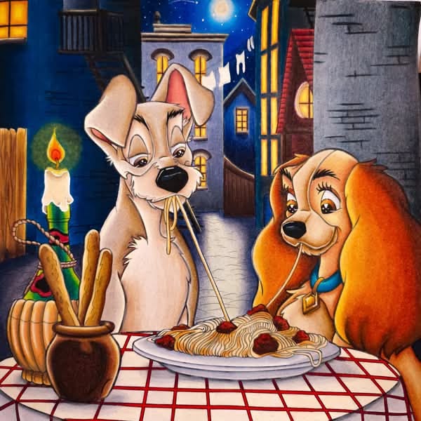 Two animated dogs dining together at checkered table with spaghetti and candle in moonlit alley