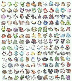 Grid of retro pixel art Pokemon sprites showing multiple characters in rows and columns