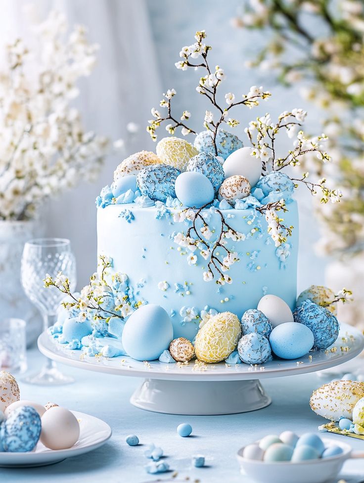 White Easter cake with blue frosting, pastel eggs, and spring blossoms on a stand