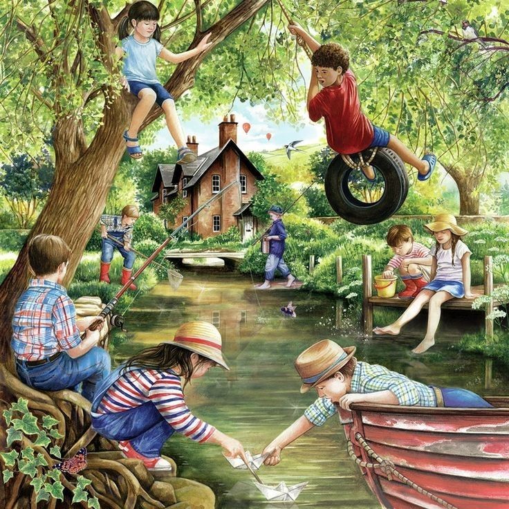 Children playing outdoors by a pond with tree swing, cottage, and red boat in summer setting