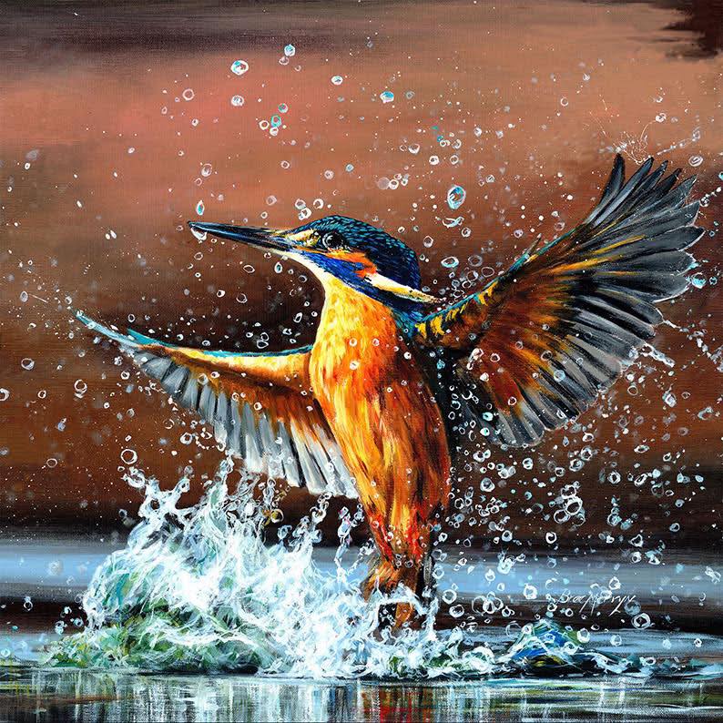 Painting of a kingfisher emerging from water with wings spread and splashes around it
