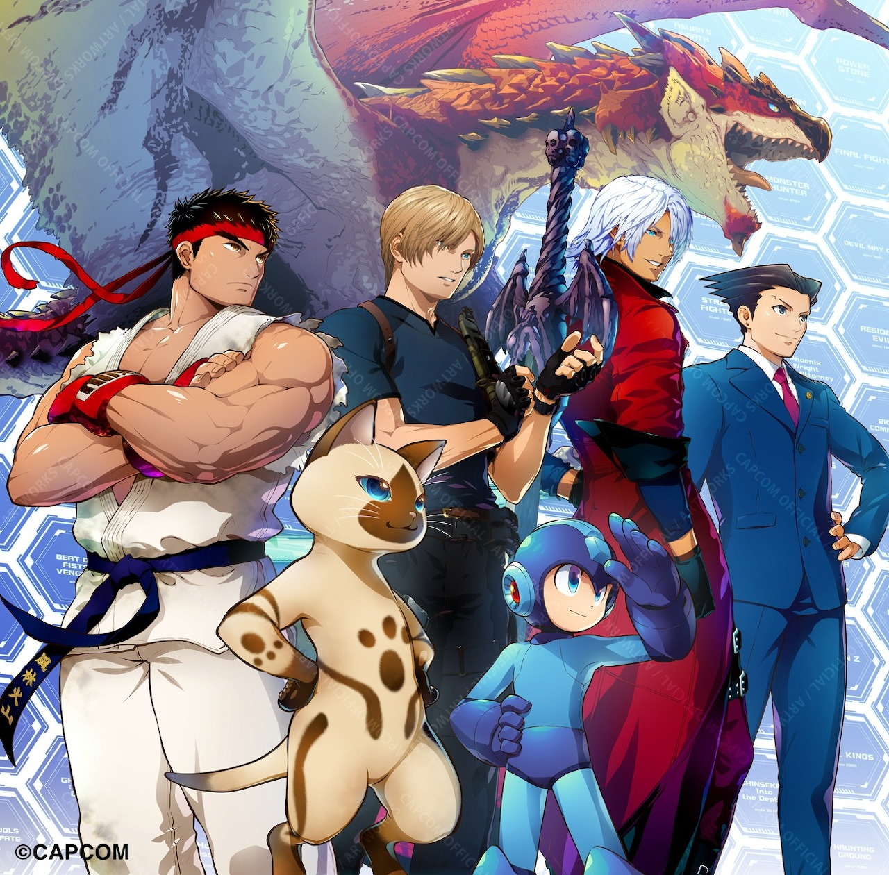 Collage of Capcom video game characters including Ryu, Dante, Leon, Phoenix Wright, and Mega Man