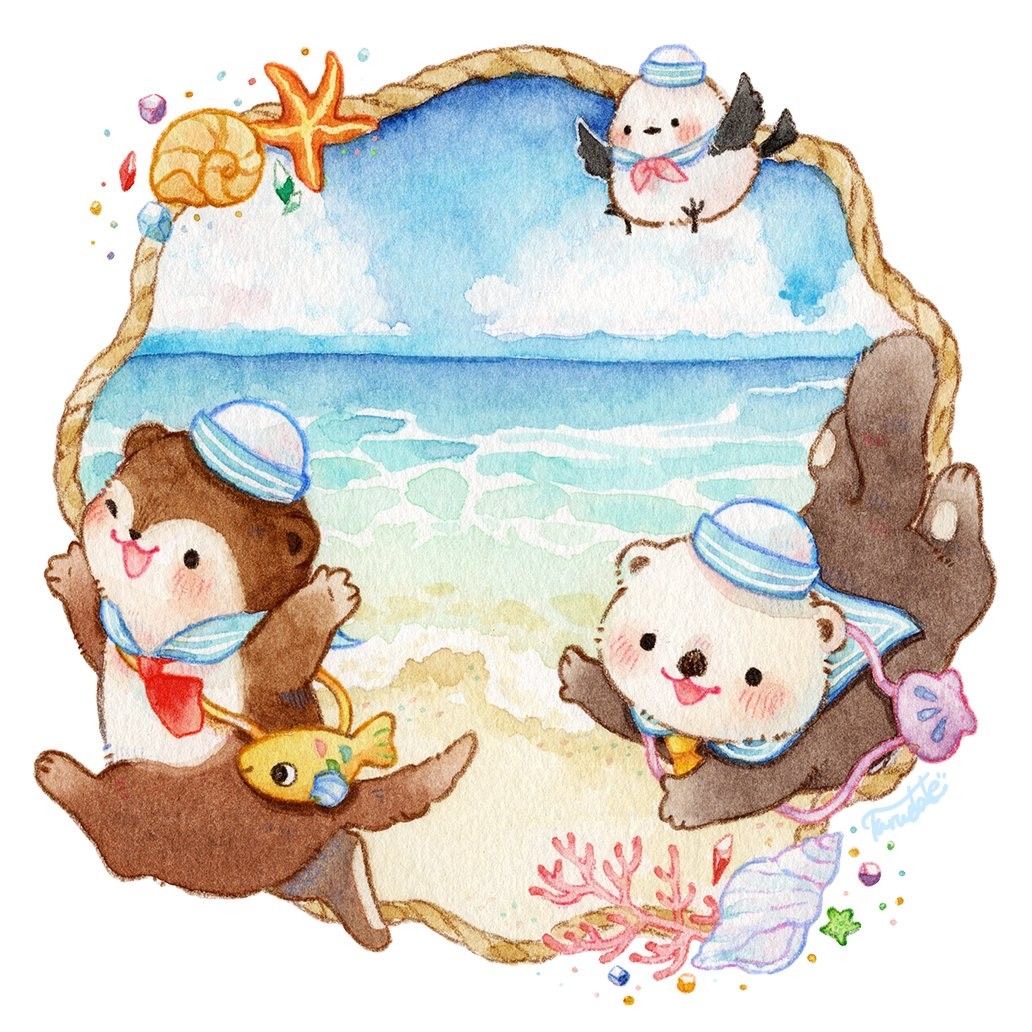 Cute illustrated otters in sailor hats on a beach with shells and ocean waves