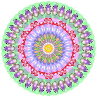 Colorful circular mandala with purple petals and pastel geometric floral patterns on white