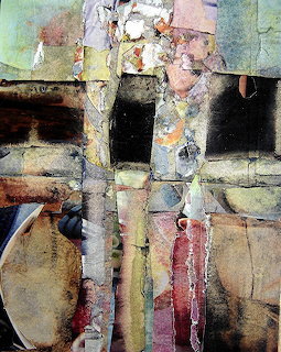 Abstract mixed-media collage with torn paper layers in earth tones, black, and pink