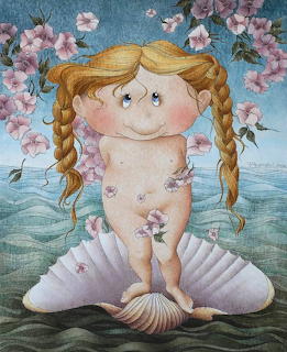 Cartoon painting of smiling blonde child on large seashells with pink flowers floating around, ocean background