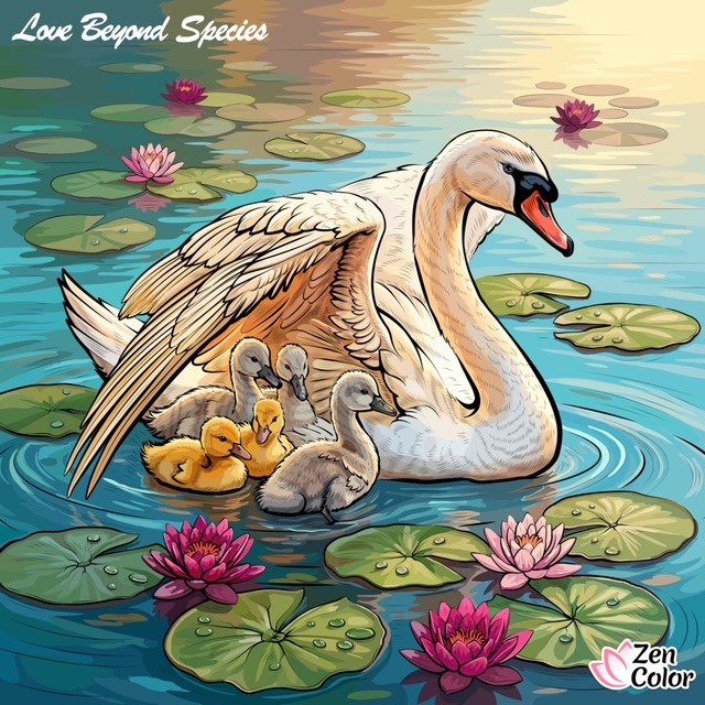 Illustrated swan and cygnets on a pond with lily pads and pink water lilies