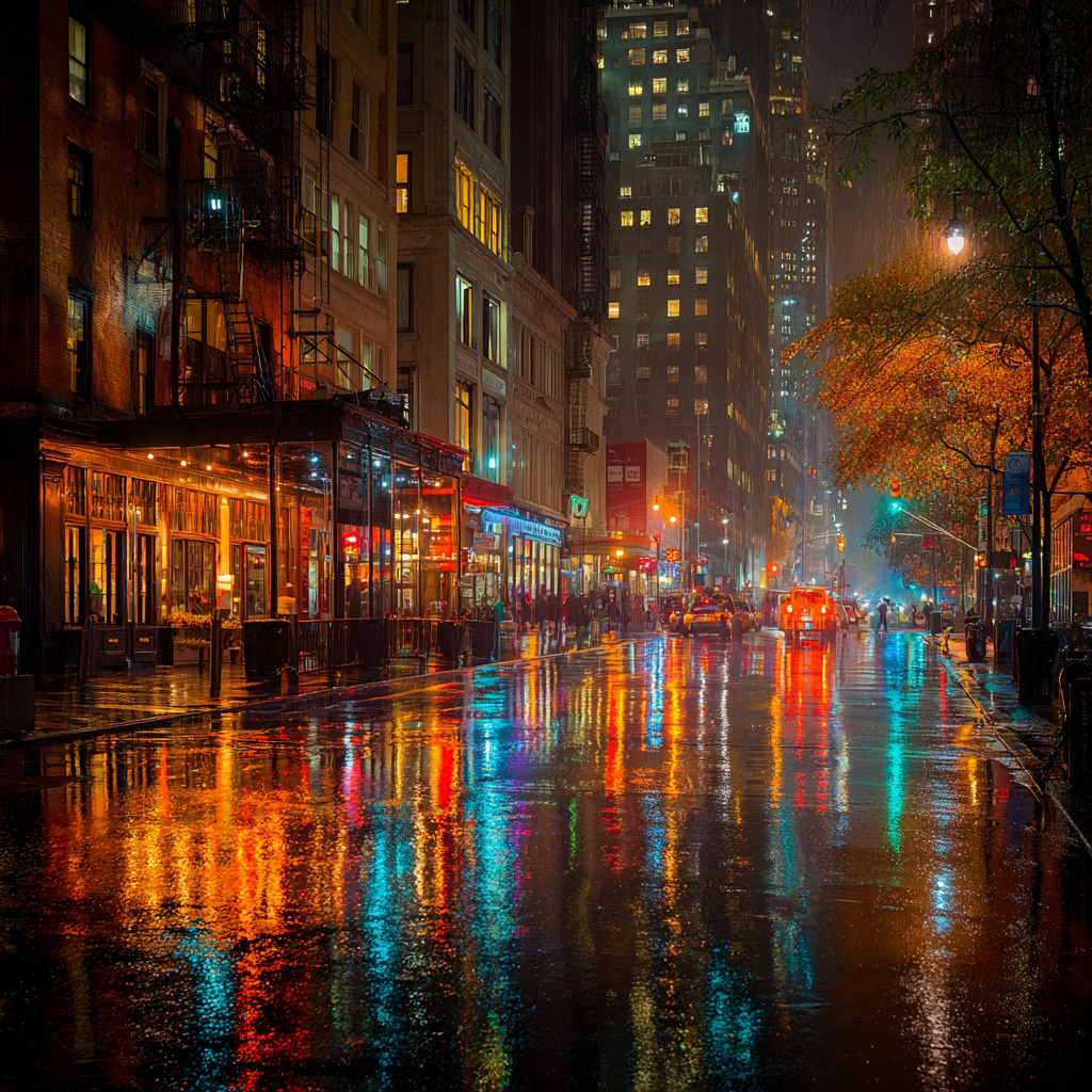 Rainy New York City street at night with autumn trees and colorful light reflections on wet pavement