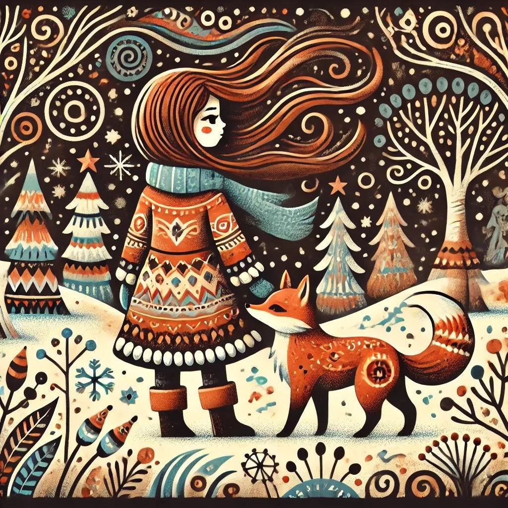 Folk art style illustration showing a girl and fox in decorative winter woodland scene with ornate patterns and swirling details