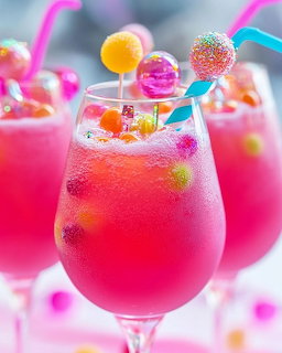 Pink cocktail in wine glass topped with colorful lollipops and candy decorations