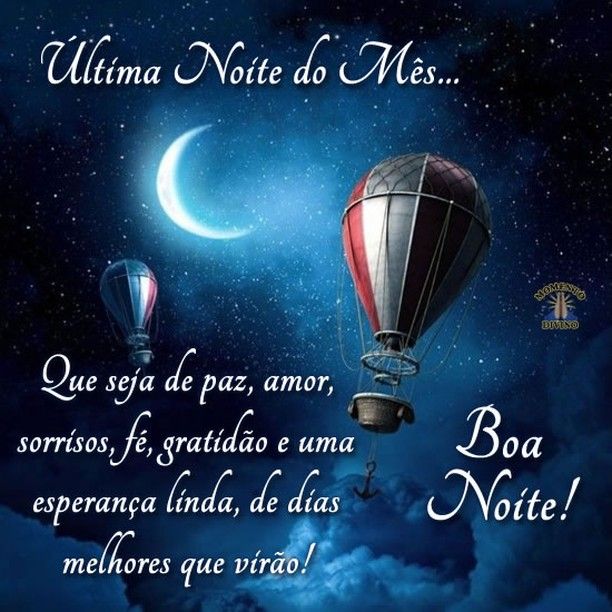 Hot air balloons in a starry night sky with a crescent moon and Portuguese good night message