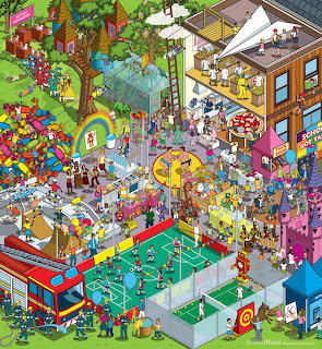 Isometric cartoon illustration of crowded town square with many characters and colorful buildings