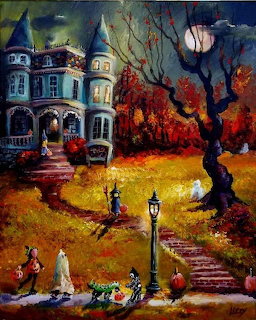 Painting of children in Halloween costumes trick-or-treating at a Victorian house under a full moon