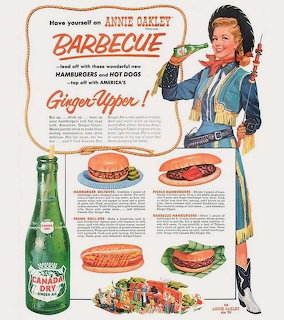 Vintage Canada Dry Ginger Ale advertisement with cowgirl and barbecue hamburgers