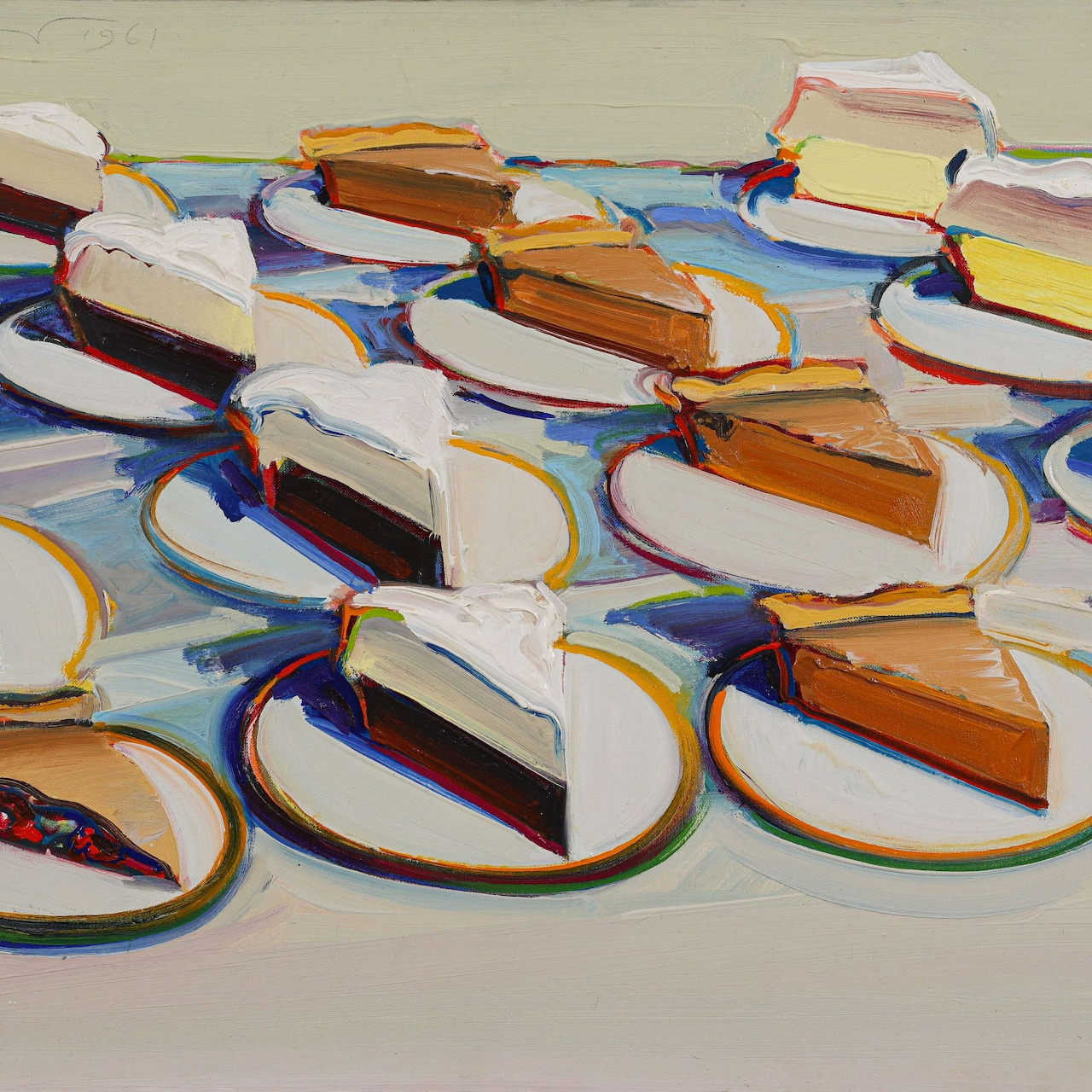 Painting of assorted cake slices on white plates spread across a tabletop