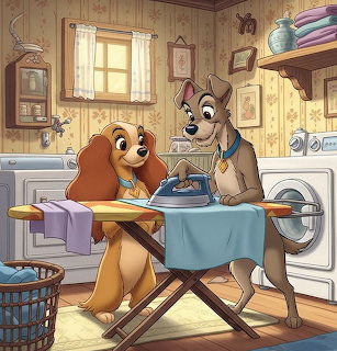 Lady and Tramp ironing clothes together in a cozy laundry room
