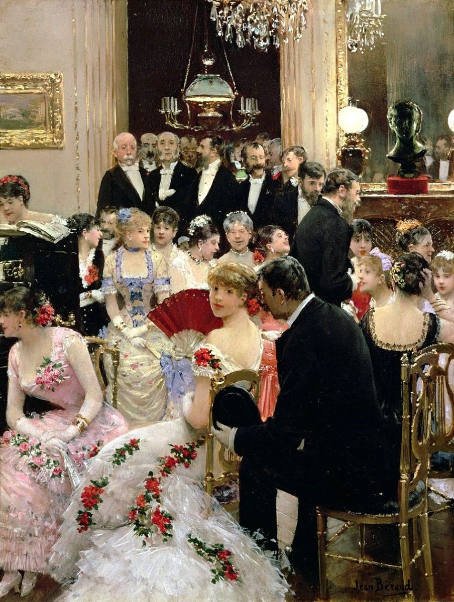 Painting of a formal soiree with seated women in gowns and men in black suits in an ornate room