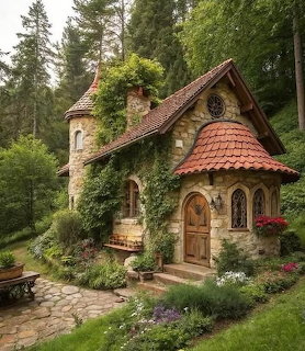 Stone cottage with turret and red tile roof surrounded by garden and trees
