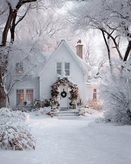 White cottage with floral arch over entrance surrounded by snow-covered trees in winter