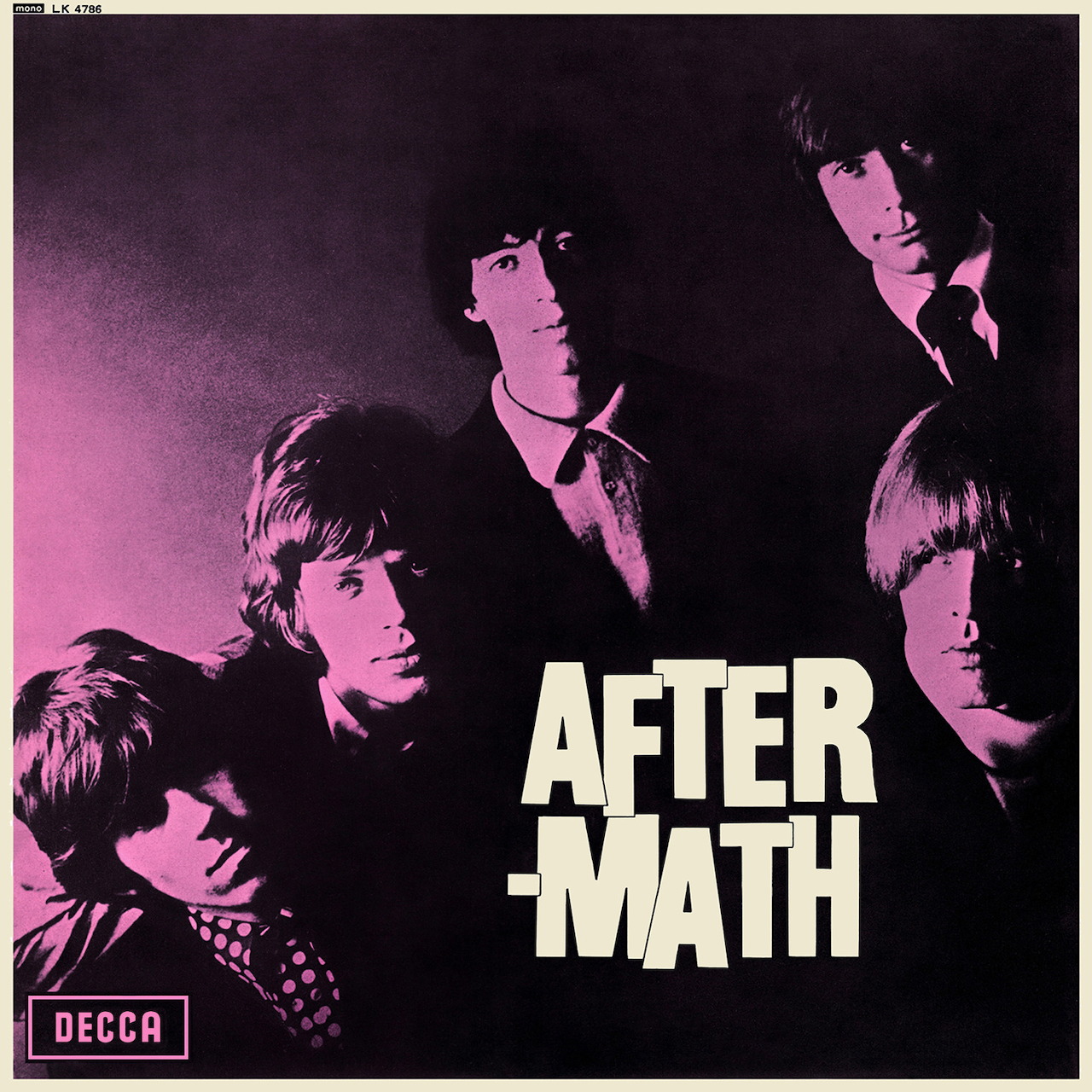 Vintage Aftermath album cover with five band portraits in magenta tones and bold title text