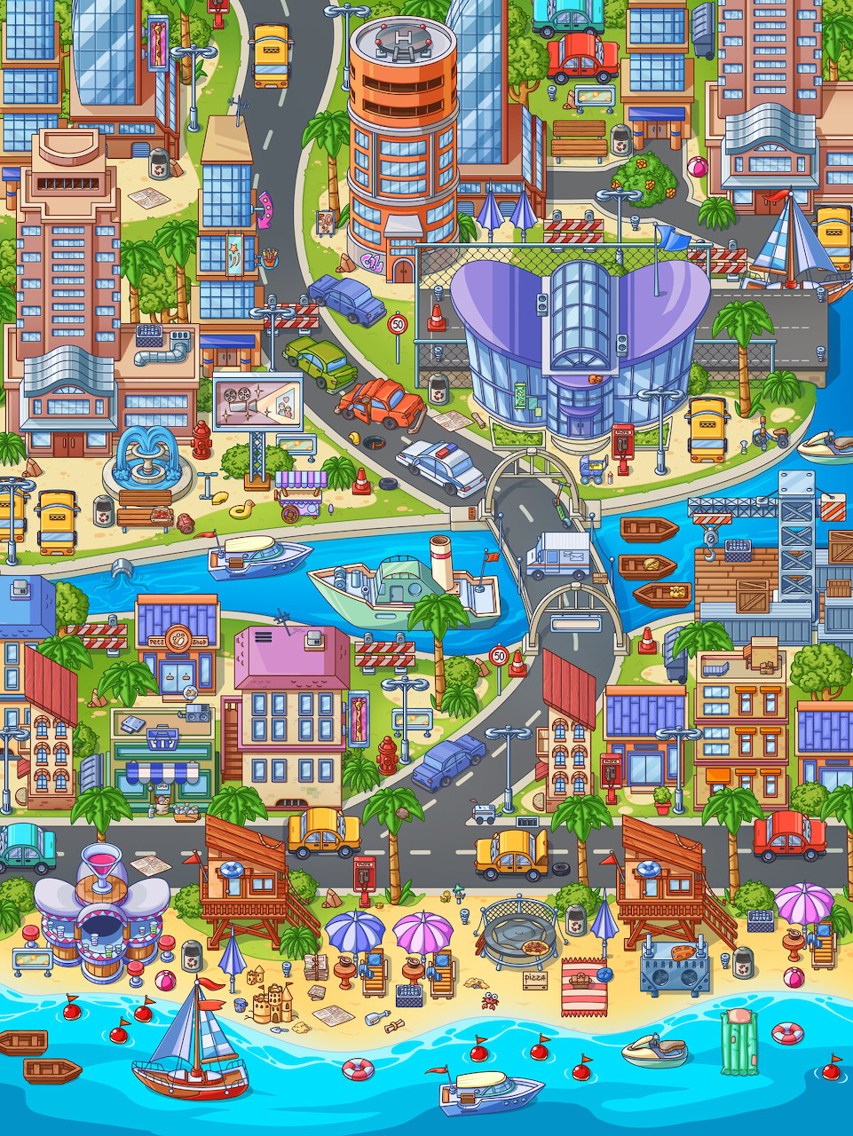 Colorful illustrated aerial view of a city with beach, harbor, buildings, and streets with tiny people and vehicles