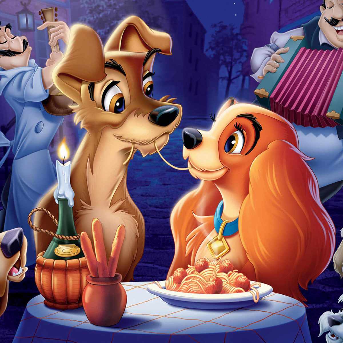 Two cartoon dogs dining together at a table with spaghetti, candles, and a wine bottle in an evening street setting