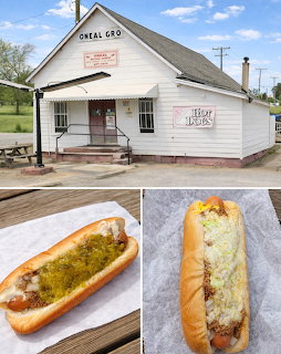 Collage of a white grocery store building and two hot dogs in buns with chili and slaw