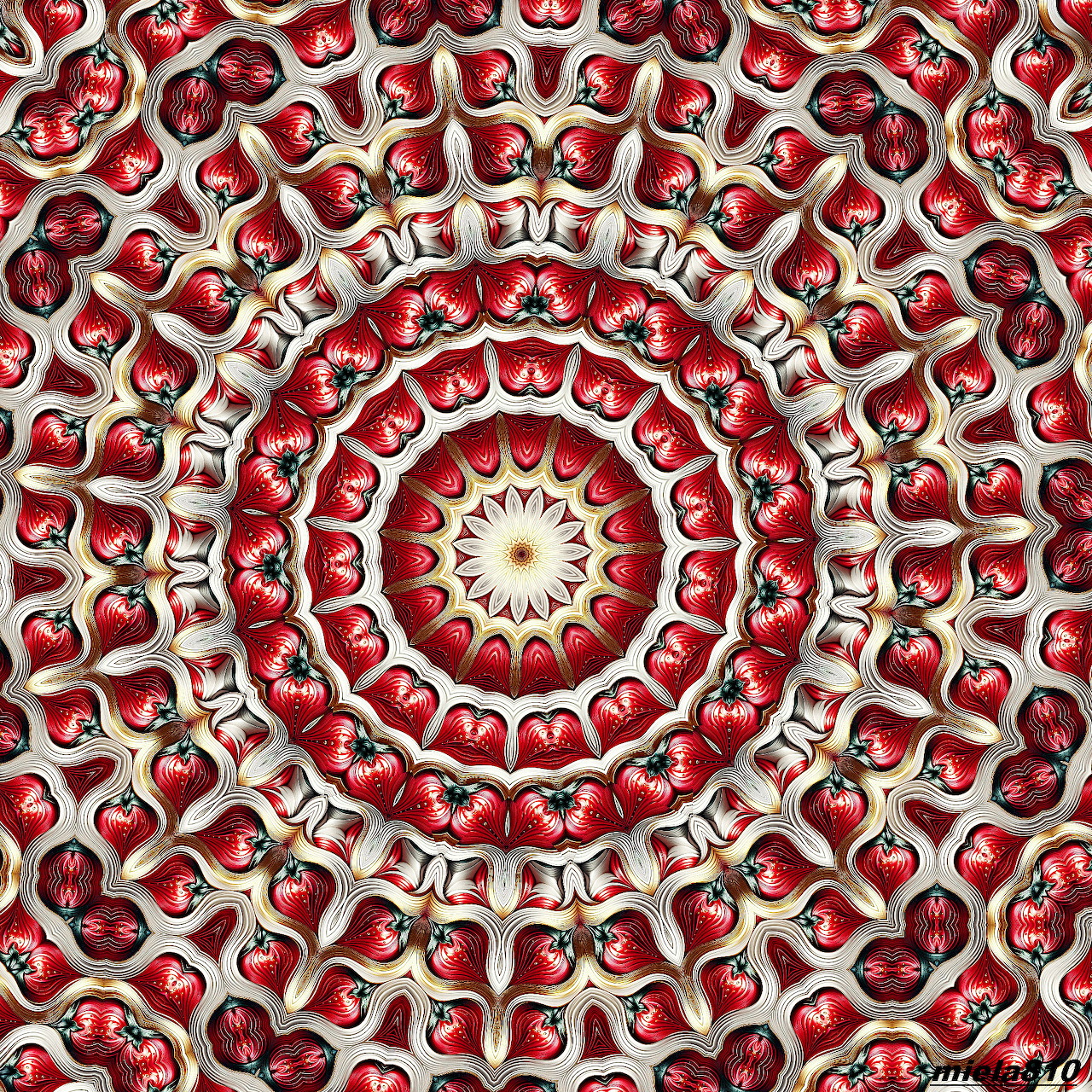Symmetrical red and cream mandala with intricate floral patterns arranged in concentric circles