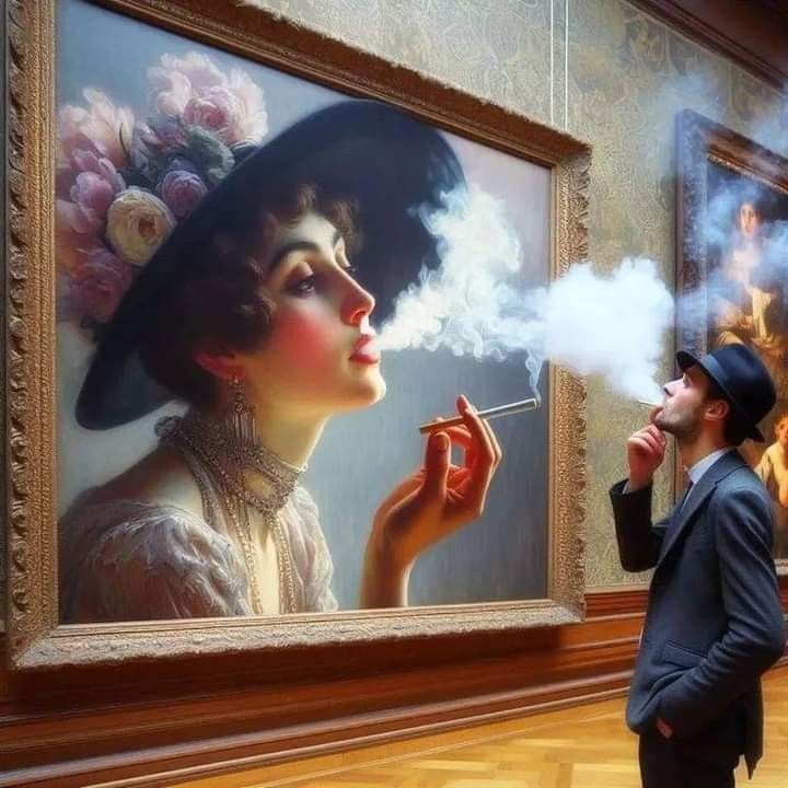 Vintage portrait painting of elegant woman in hat smoking, museum visitor observing