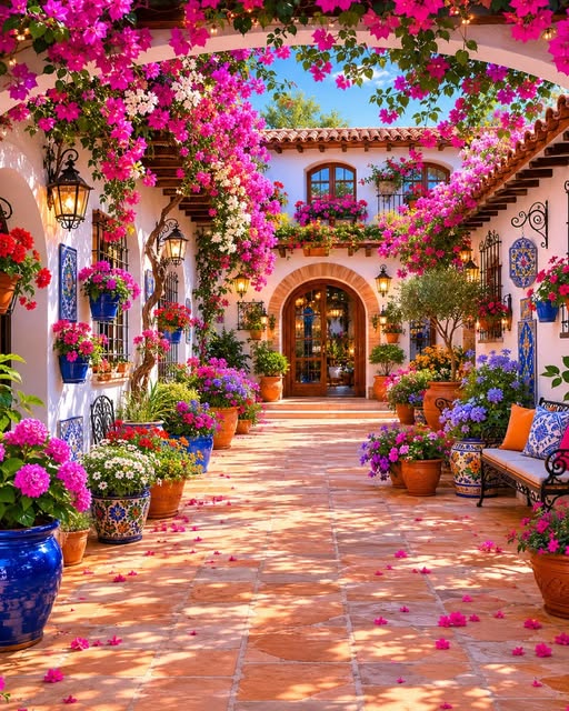 Sunlit courtyard with pink flowering vines, potted plants, and an arched wooden doorway