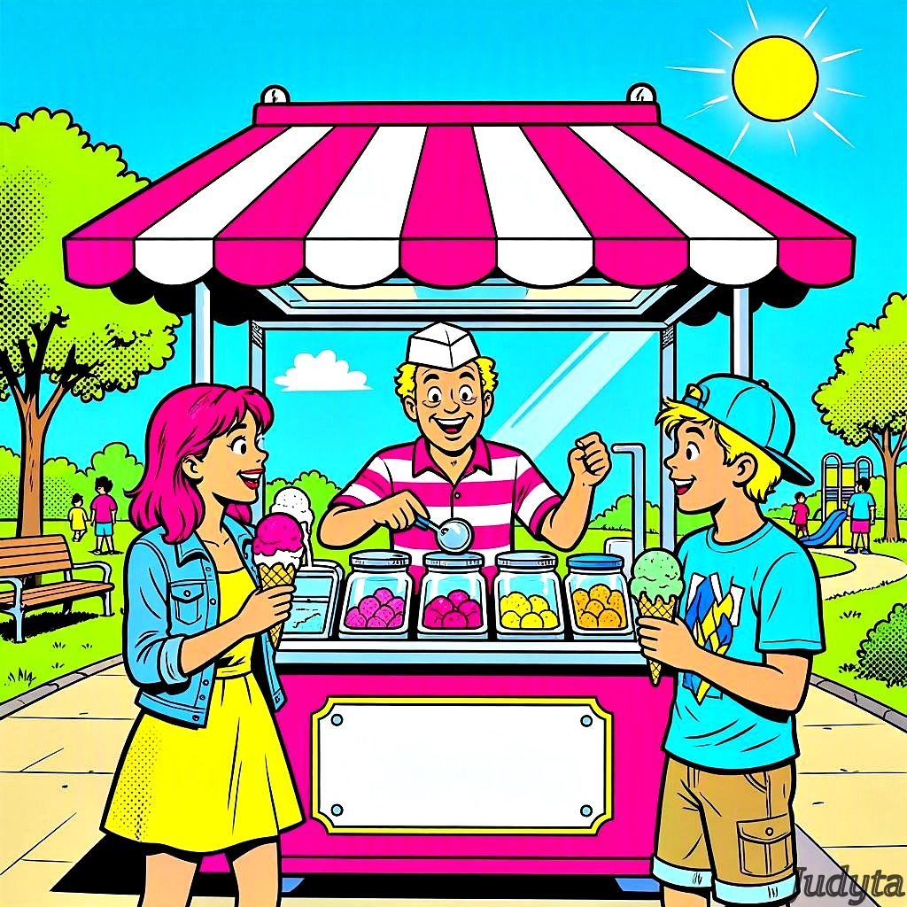 Cartoon vendor serving two friends at a colorful ice cream stand in a sunny park.