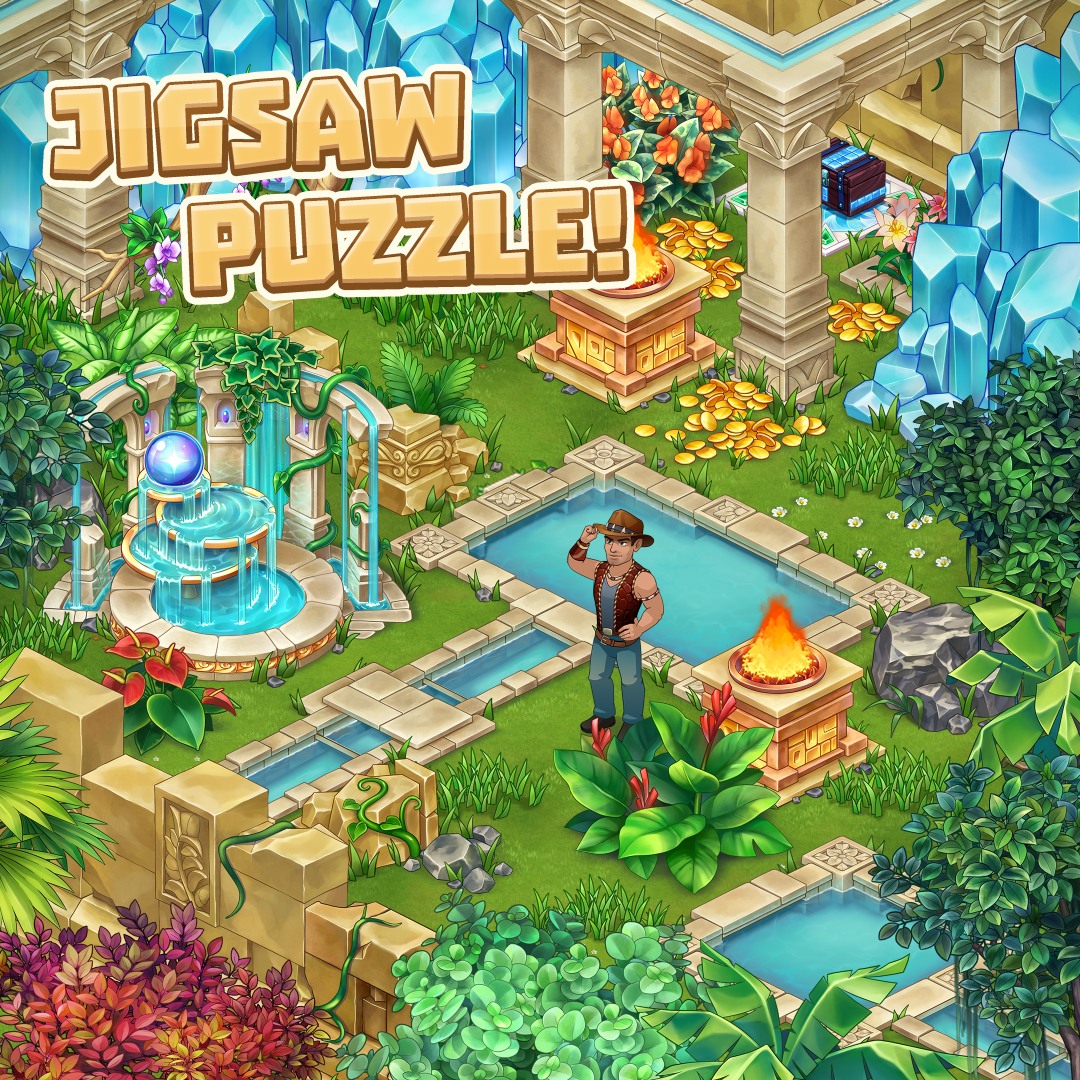 Colorful illustration of an explorer standing in garden ruins with pools, fountain, flowers, and blue crystals
